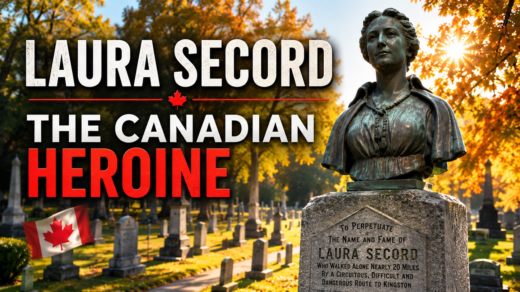 Laura Secord, The Canadian Heroine. Image of a cemetery with a closeup of the headstone and bust of Laura Secord.